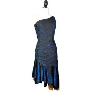 Vintage Blue Black Stretchy Metallic Lacey Asymmetrical Hem Prom Party Dress 7/8